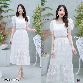 เดรสยาวมินิมอล ผ้าลูกไม้ คอเหลียมแขนพอง MM17607 Minimal long dress, lace fabric, puffy sleeves.