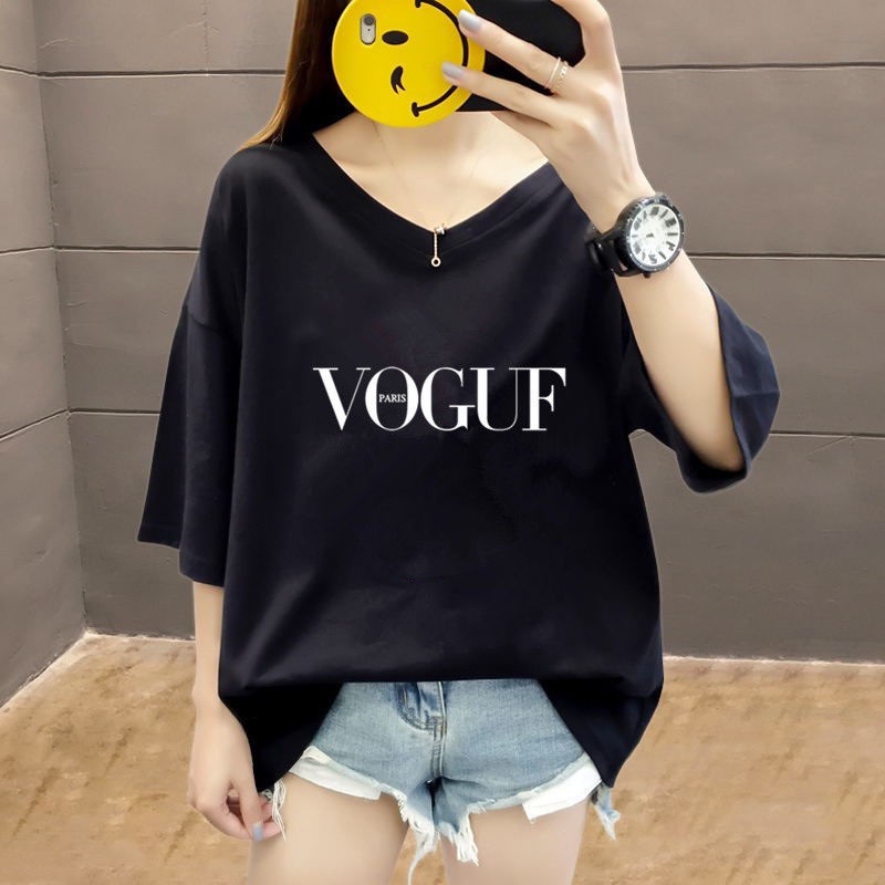 เสื้อยืดแขนสั้น คอวี ขนาดใหญ่พิเศษ แฟชั่นฤดูใบไม้ผลิ และฤดูร้อน สําหรับผู้หญิง ไซซ์ M - 5Xl มี 7 สไตล์