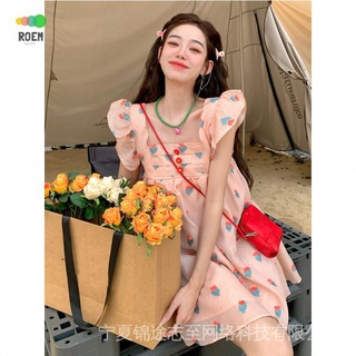 NINI [new season] Three-dimensional flower decoration Lotus sleeve floral dress summer temperament waist slimming square collar A- line short skirt for children