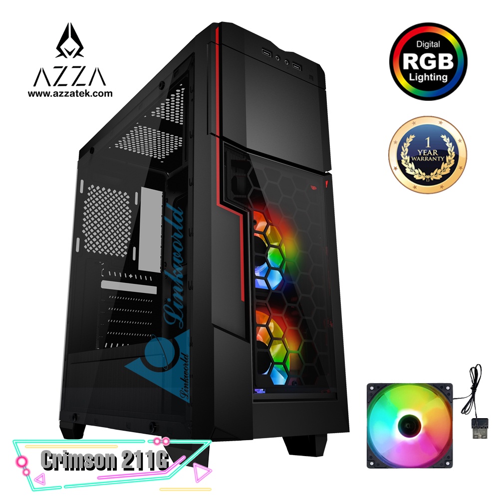 AZZA  Crimson 211G ATX Mid-Tower Tempered Glass Gaming Case With Rainbow RGB Fanx2 – Black