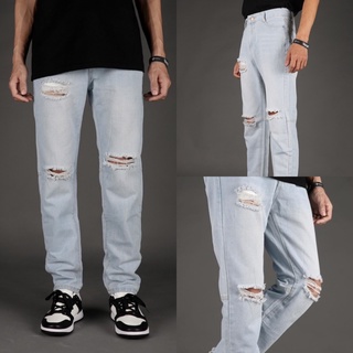 LOOKER- กางเกงยีนส์ขายาวสีฟอกแบบขาดเข่า