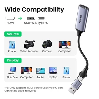 【ใหม่】UGREEN การ์ดจับภาพวิดีโอ 4K HDMI เป็น USB Type-C HDMI สําหรับ Xbox กล้อง DVD บันทึกสตรีมสด
