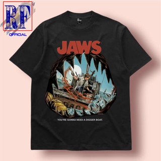 เสื้อยืดโอเวอร์ไซส์เสื้อยืด ลาย JAWS สไตล์วินเทจ | เสื้อยืด พิมพ์ลายภาพยนตร์ FILM 1975 | เสื้อยืด สีดําS-3XL