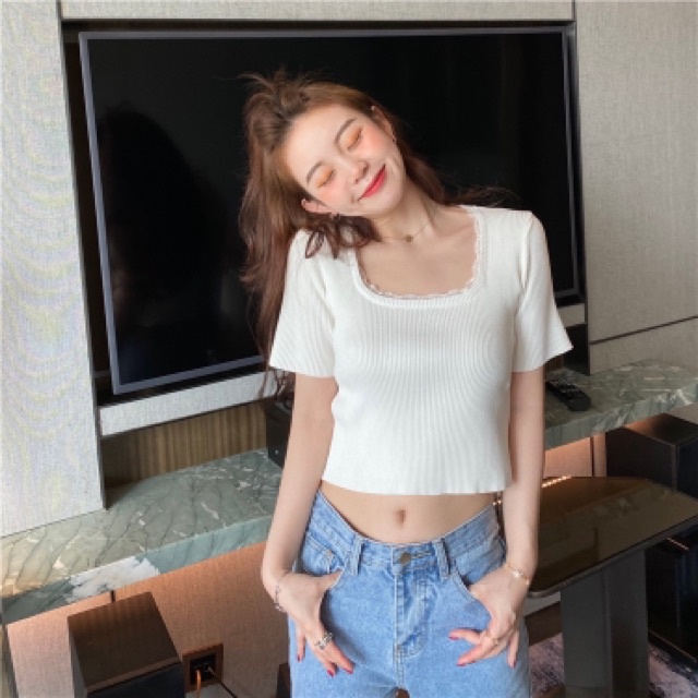 ☜1LDK 🌈 พร้อมส่ง🌈 เสื้อยืดแขนสั้นแต่งลูกไม้รอบคอ(1848)