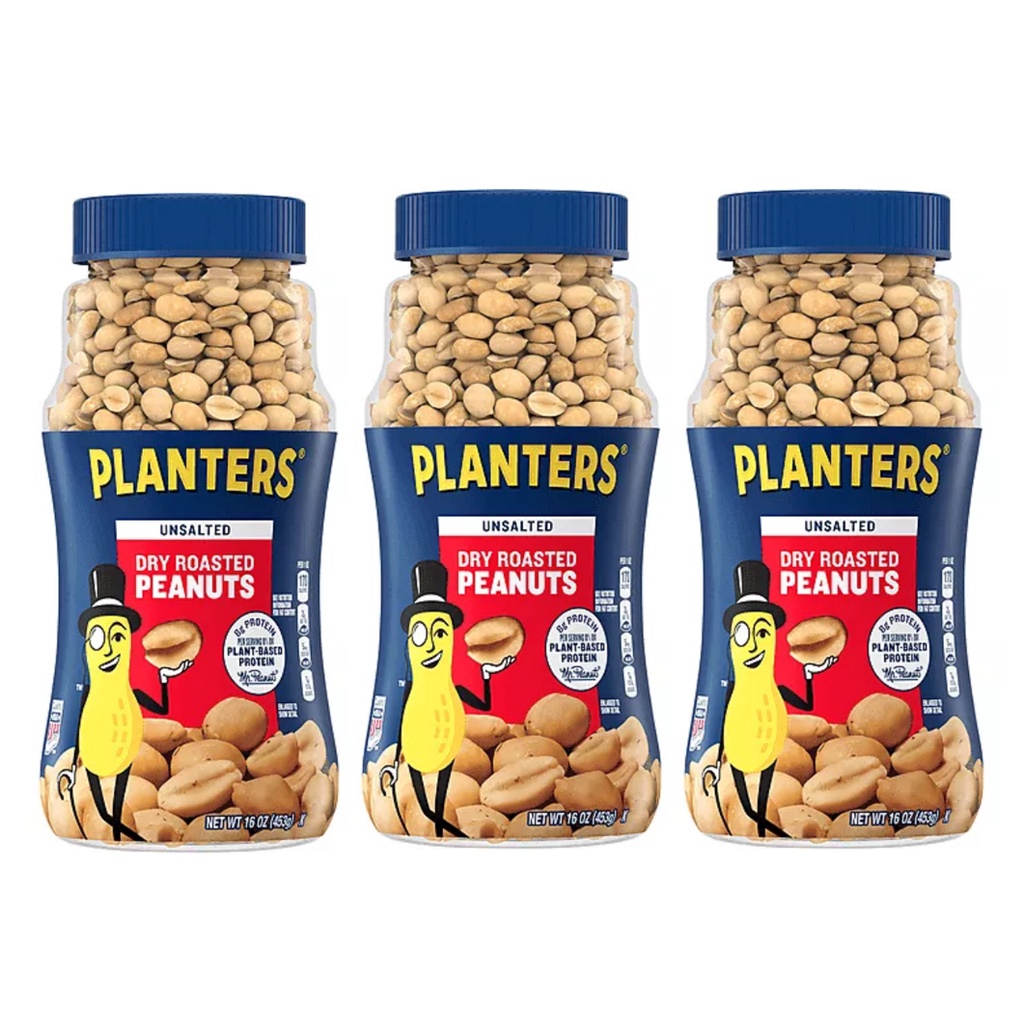 PLANTERS ถั่วลิสงคั่วแห้ง แพลนเตอร์ ดราย โรสเต็ด พีนัทส์ อันซอลเท็ด สูตรไม่เติมเกลือ ปราศจากคอเลสเตอรอล 3 ขวด ขวดละ 453