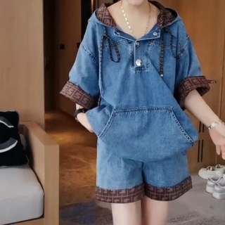 ชุดเสื้อสูทยีน มีฮู้ด ทรงหลวม และกางเกงขาสั้น ขากว้าง เอวสูง แฟชั่นสําหรับสตรี สองชิ้น