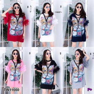 G11660  เดรสคอวีแขนระบายแมวหน้ากาก
