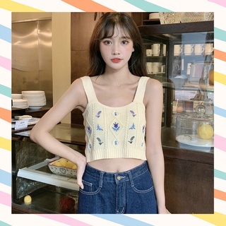 K2💝แฟชั่น เสื้อไหมพรมปักลายดอกไม้ สายเดี่ยวใหญ่ 5 สี