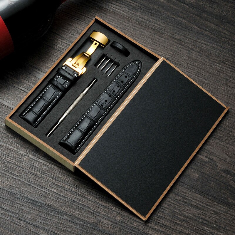 18 19 20 21 22 24mm Genuine Leather Watchband With Double Press Butterfly Clasp For Unisex Watch Accessories Wooden Box