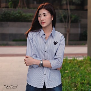 takayay brand เชิ้ตคอตตอน เทาลายทางใจดำ