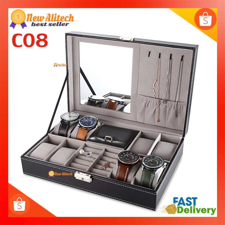 New Alitech C06 C08 Watch Box 3/6/10/12 Grid Leather Display Jewelry Case Organizer กล่องนาฬิกา กล่องเก็บนาฬิกาข้อมือ