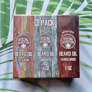 น้ำมันเครา บำรุงหนวดเครา กลิ่นเบย์รัม กลิ่นไม้จันทร์ และไม่มีกลิ่น Beard Oil 3 Pack, Bay Rum 28 g, Unscented 28 g, and Sandalwood 28 g (Viking Revolution®)