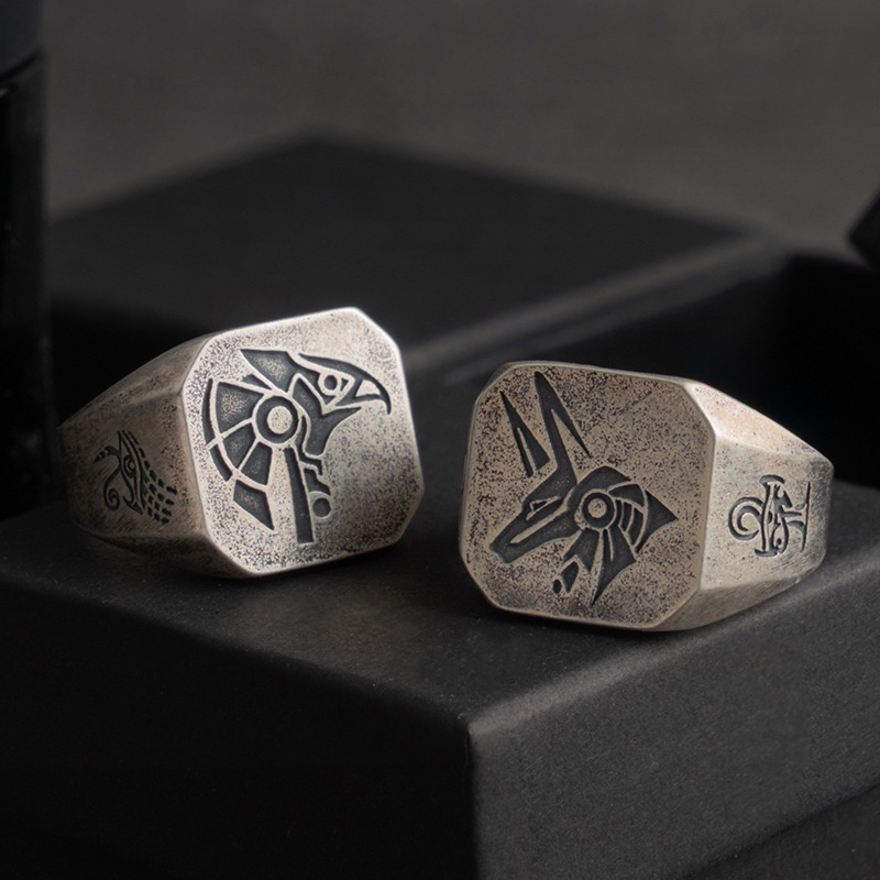 ใหม่ แหวนแฟชั่น ลายเทพเจ้าอียิปต์ Horus and Anubis สไตล์วินเทจ พังก์ ปรับขนาดได้ เครื่องประดับ ของขวัญ สําหรับผู้ชาย