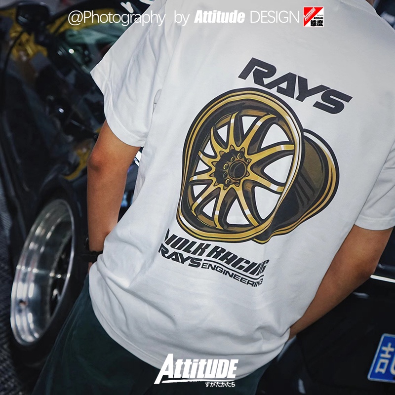 ATTITUDE ATTITUDE ญี่ปุ่น JDM สไตล์ดัดแปลง RAYS Hub CE28N TE37 เสื้อยืดแขนสั้นคอกลมผ้าฝ้ายแท้