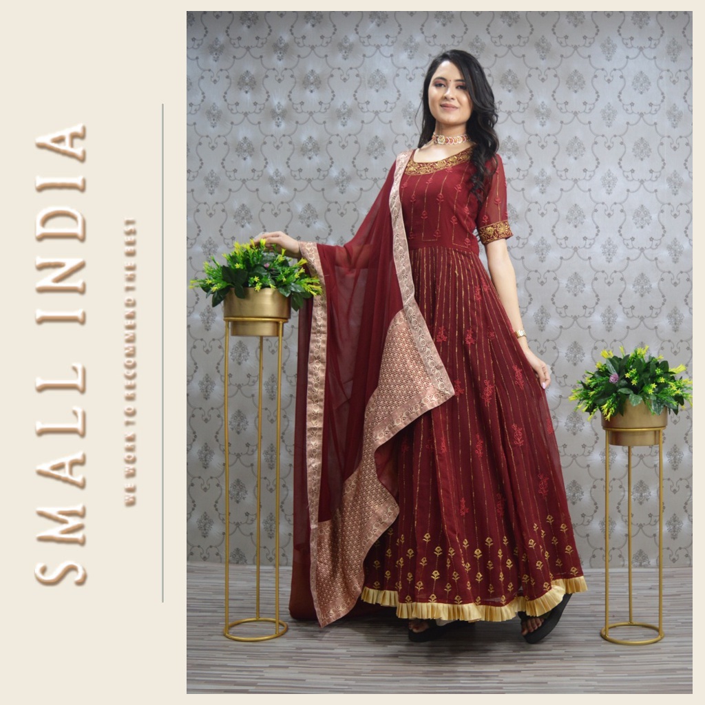 {**ส่งฟรี**} SMALL INDIA 🦚 Georgette Fire Brick Gown 🦚 Ethic Gown Set