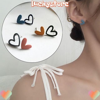 LUCKY Korean Heart Earrings Cute Gift Hollow Asymmetric Ear Studs Women Beautiful Trend Girl Party Jewelry