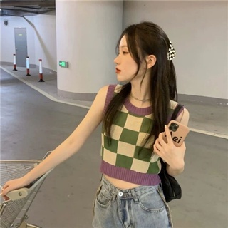 เสื้อแขนกุดไหมพรมลายตาราง😋