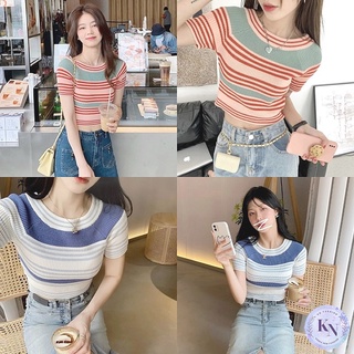🎏Korea NEW เสื้อยืดไหมพรมเข้ารูป ลายทางแบบทูโทน 2 สี