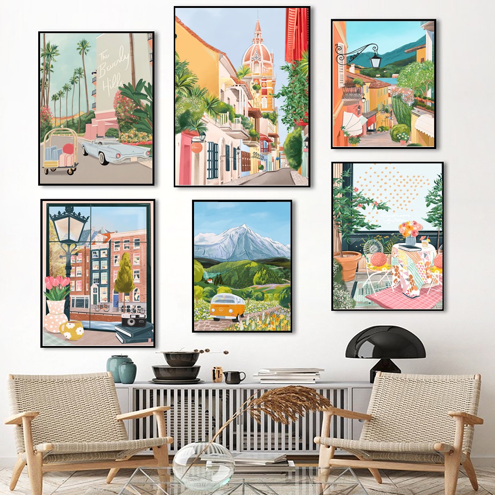 โปสเตอร์ผ้าใบ ลาย Amsterdam Lake Como Beverly Colombia สไตล์วินเทจ สําหรับตกแต่งผนังบ้าน ห้องนั่งเล่