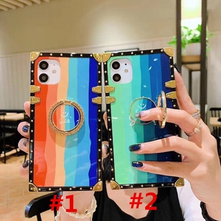 For Samsung galaxy S8 S9 S10 S20 Plus S20 FE Note8 Note9 Note10 Note20 Ultra S10E A73 A91 S10 Lite 2020 S21FE Fashion Rainbow Square Phone Case With Finger Ring Bracket