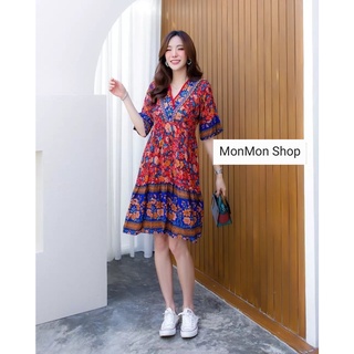 MONMONSHOP👗MON5698 Floral printed Dress เดรสคอวีพิมพ์ลายดอกไม้ เนื้อผ้าพริ้วๆใส่สบายมากๆนะคะ สีสันสวยสุดๆค่ะ