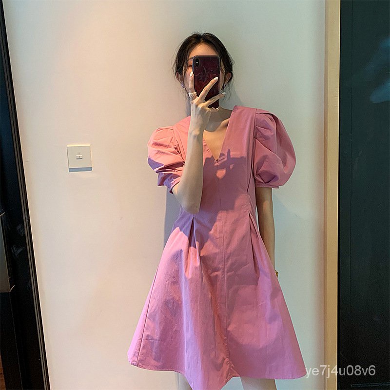 2021ฤดูร้อนใหม่อารมณ์ฝรั่งเศสเอวเล็กรักครั้งแรกสีชมพูพัฟแขนกระโปรงคอสี่เหลี่ยม21248hot sale