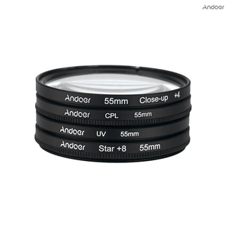 Andoer ชุดฟิลเตอร์โพลาไรเซอร์ 55 มม. UV+CPL+Close-Up+4 +Star 8-Point สําหรับ Nikon Canon Pentax Sony DSLR