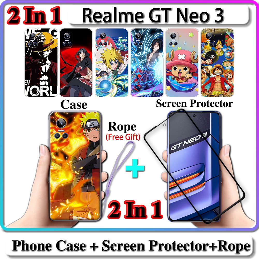 2 IN 1 เคส Realme GT Neo 3 พร้อมกระจกนิรภัยกันรอยหน้าจอโค้ง เซรามิค นารูโตะ และการออกแบบ One Piece