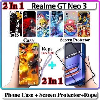 2 IN 1 เคส Realme GT Neo 3 พร้อมกระจกนิรภัยกันรอยหน้าจอโค้ง เซรามิค นารูโตะ และการออกแบบ One Piece