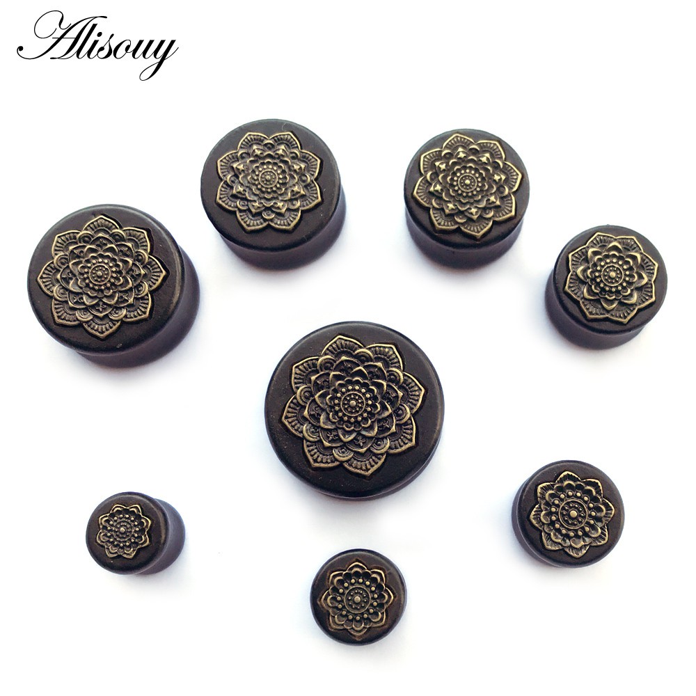 Alisouy สไตล์ใหม่ 2 ชิ้นสีดําไม้ธรรมชาติ Mandala ดอกไม้หูปลั๊กอุโมงค์หู Expanders ต่างหูเครื่องวัดเจาะปลั๊กหูเครื่องประดับ