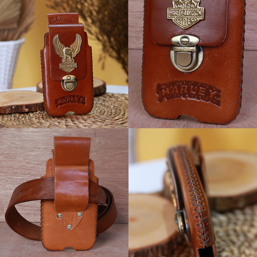 Hp Harley DAVIDSON กระเป๋าคาดเอวโทรศัพท์มือถือหนังวัวแท้ / เคสโทรศัพท์มือถือ P001