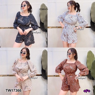 👗Pfashion [ส่งไว!!🚛] P17366 set 2 ชิ้น เสื้อแขนจั้ม ชายผูกโบว์พิมลาย + กางเกงขาสั้นพิมลาย