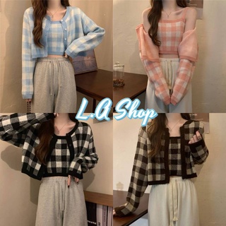 L.A Shop พร้อมส่ง เสื้อคลุมไหมพรม+เสื้อกล้ามไหมพรม ลายตารางสีพาสเทล "87001+87001-1"