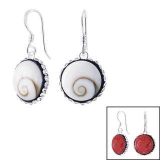 SILVER THAI  Red coral earrings crystal shiva eye silver ต่างหูเงินแท้925 ก้นหอยShivaeyด้านหลังเป็นปะการังสีแดง