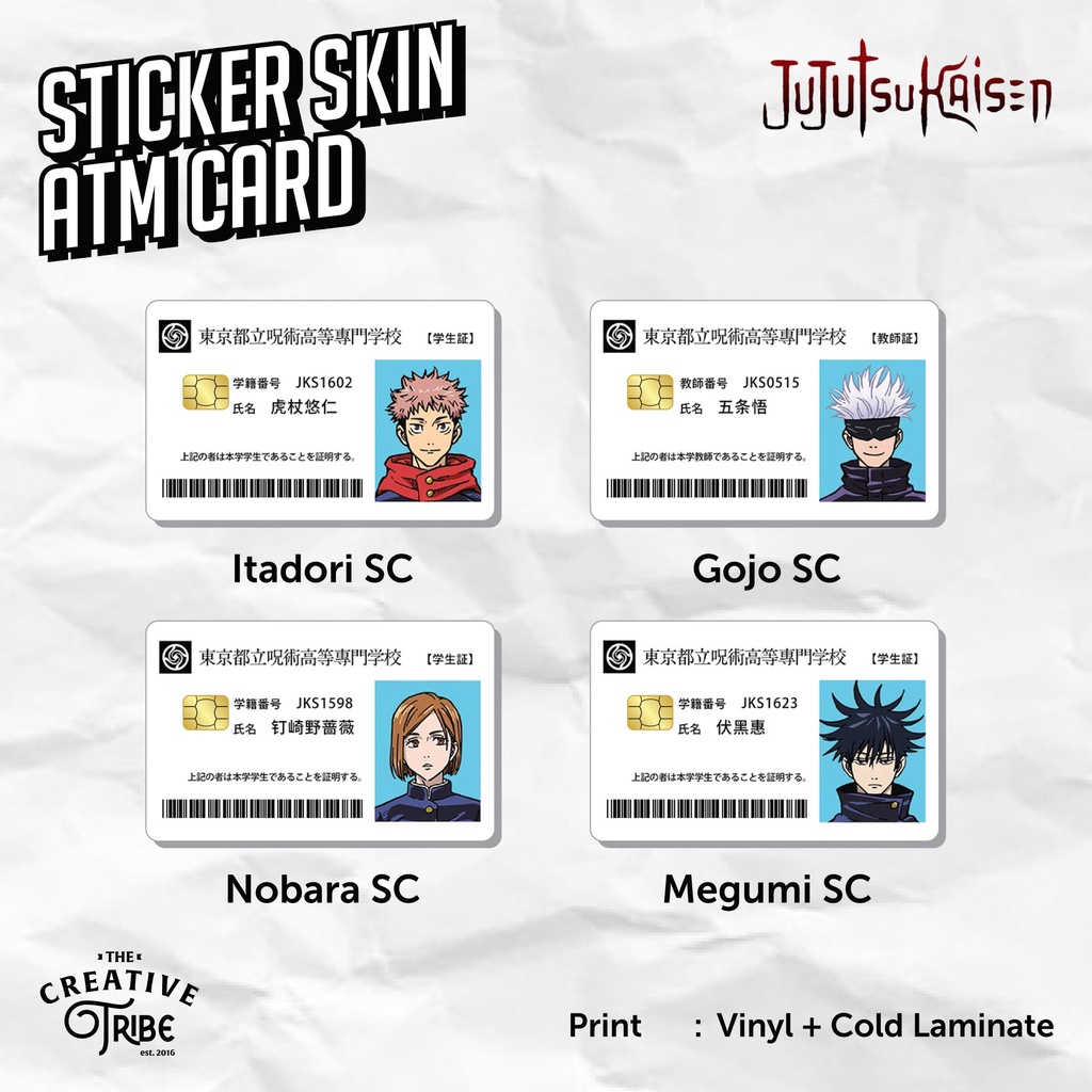 การ์ดนักเรียน Jujutsu Kaisen - การ์ดเกมสติ๊กเกอร์ - ไวนิล ATM Debit บัตรเครดิต Etoll Itadori Gojo Nobara Megumi