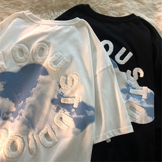ผ้าฝ้ายเกาหลีตัวอักษรสีฟ้าและเมฆสีขาวแขนสั้นTเสื้อยืดน้ำหลวมฤดูร้อนของผู้หญิงเสื้อ 1a4t