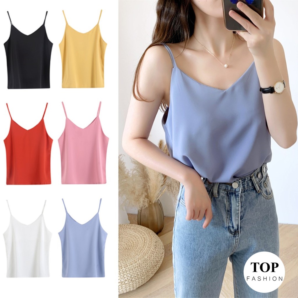 พร้อมส่งไทย ราคาถูก เสื้อสายเดี่ยวคอวี ผ้าเครป ใส่สบาย มี 6 สี แฟชั่นสวยๆ