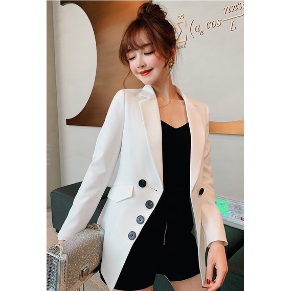 &lt;พร้อมส่ง&gt;สูทลำลอง เสื้อสูทผู้หญิง สูทแฟชั่น สูทเดินทาง blazer เบลเซอร์ &lt;สีขาว&gt; กระดุม 5 เม็ด แขนยาว มีซับใน กระเป๋าจริง