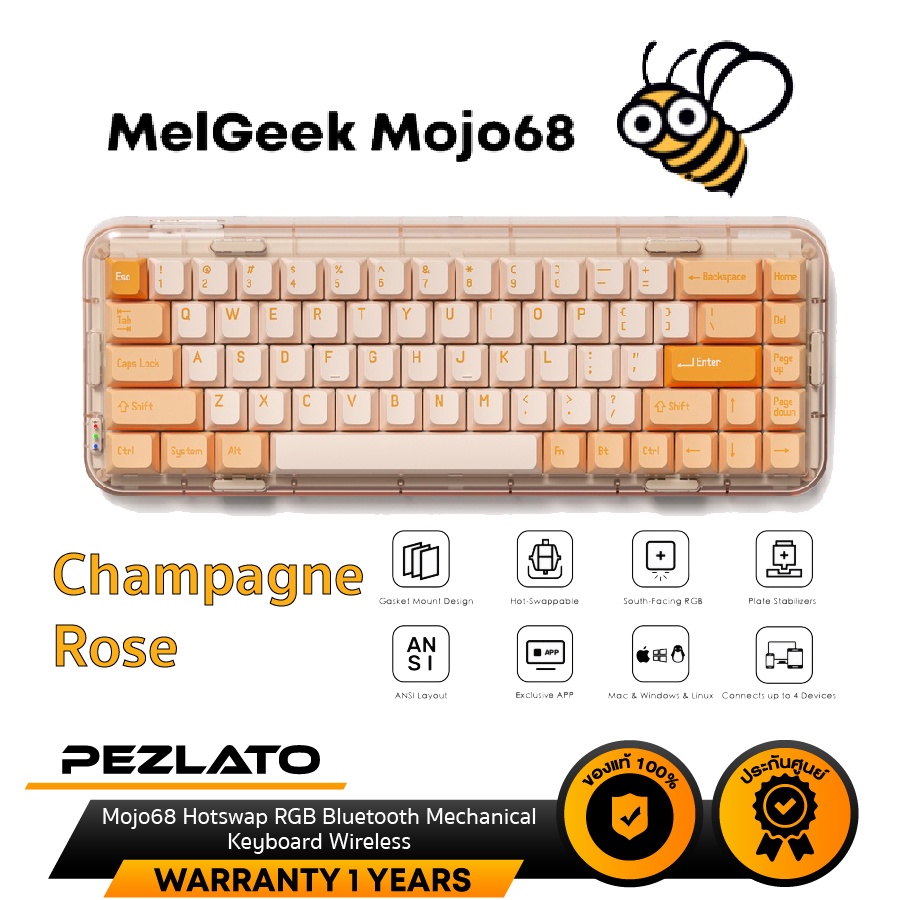 Melgeek Mojo68 Hotswap RGB Bluetooth Mechanical Keyboard Wireless (สี Champagne Rose)(คีย์ ENG)