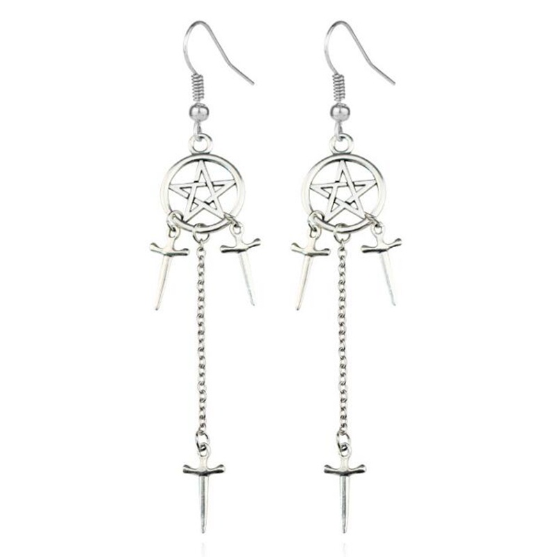 Gothic Pentagram ดาบต่างหู Hoops Silver Plated Huggie แม่มดเครื่องประดับ Pagan Wiccan Tarot Dangle ต