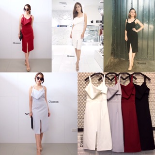 &gt;Hitzdressshop&lt; เดรสสายเดี่ยว แต่งlayerช่วงอก ช่วงกระโปรงผ่าหน้า