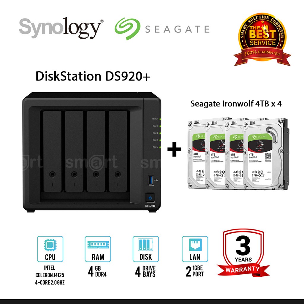 Synology DS920+ 4-bay NAS + 4 x Seagate Ironwolf 4TB/6TB/8TB