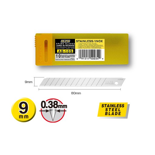 OLFA ใบมีดคัตเตอร์ AB-10S ขนาด 9 มม. ใบมีดสแตนเลส หักใบมีดได้ 13 ส่วน