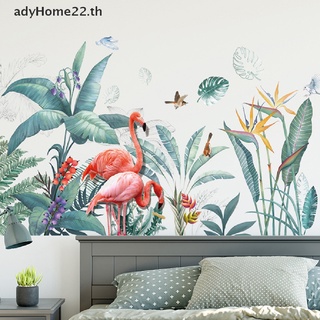 Adyhome สติกเกอร์ไวนิล ลายนกฟลามิงโก้ ใบไม้สีเขียว DIY สําหรับติดตกแต่งผนังบ้าน ห้องนั่งเล่น