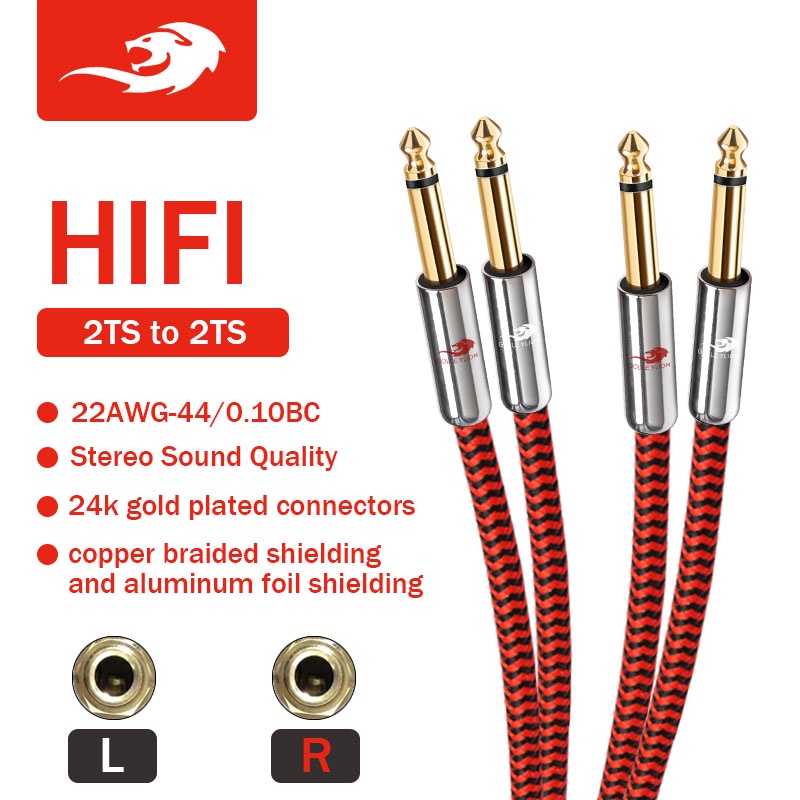 Golley LION Dual 1/4 นิ้ว TS Mono 6.35 มม. ถึง 2x 6.35 มม. แจ็คตัวผู้ สายสัญญาณเสียง กีตาร์ มิกเซอร์ คอนโซล เครื่องขยายเสียง