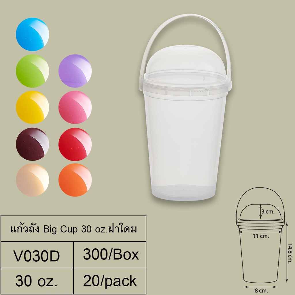 (แพ็ค 20 ชิ้น) แก้ว Big Cup 30 oz. + ฝาโดม + หู