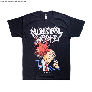 คอลูกเรือเสื้อยืดคอกลมเสื้อยืด พิมพ์ลาย MUNICIPAL WASTE TRUMP WALLS OF DEATH Mผ้าฝ้ายแท้