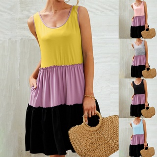 listi mujer vestido de tres colores contraste correa de hombro verano patchwork bolsillo plisado dobladillo vestido para