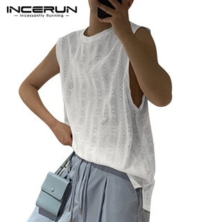 Incerun เสื้อกล้ามซีทรู แขนกุด ทรงหลวม แต่งลูกไม้ แฟชั่นสําหรับผู้ชาย