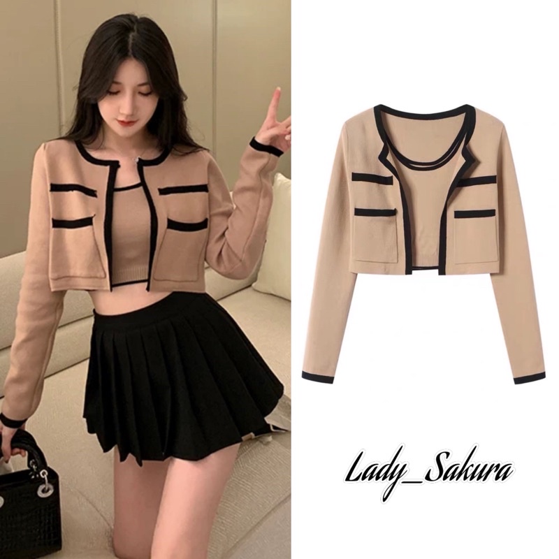 Lady_sakura 3030/BB.E#เสื้อคลุมไหมพรม​เเขนยาวเช็ท2ชิ้น+เสื้อกล้าม#เสื้อครอปเเขนยาวแต่งขอบสี
